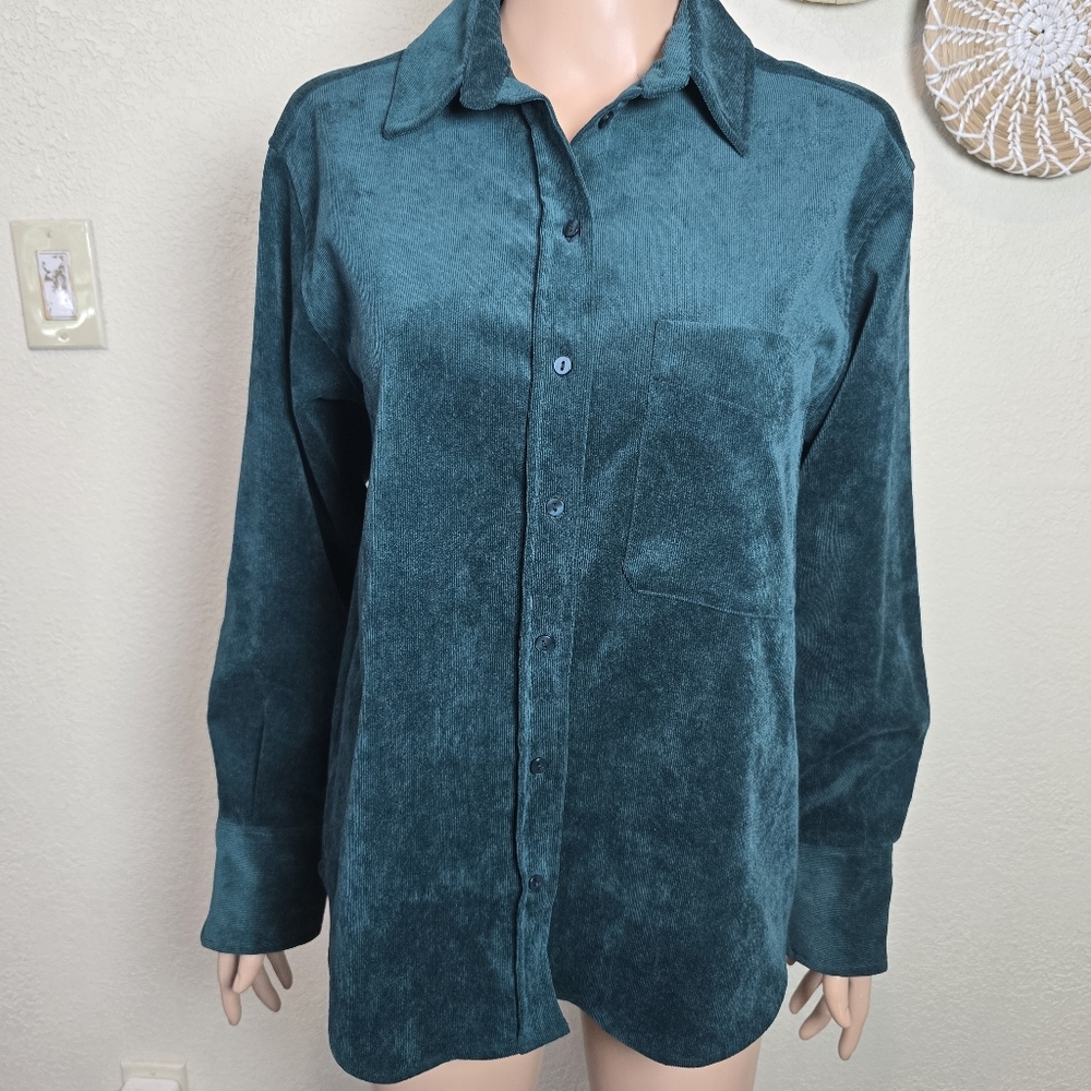 Zara Small Corduroy Button Front Shirt Shacket Pocket Emerald Green